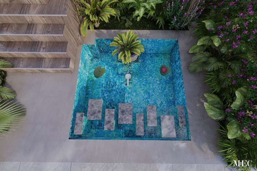 Digitial Aquamarine glass mosaic design customized for a small square pond