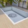 Rectangular swimming pool with light gray mosaic tile and Versace-inspired mosaic art.