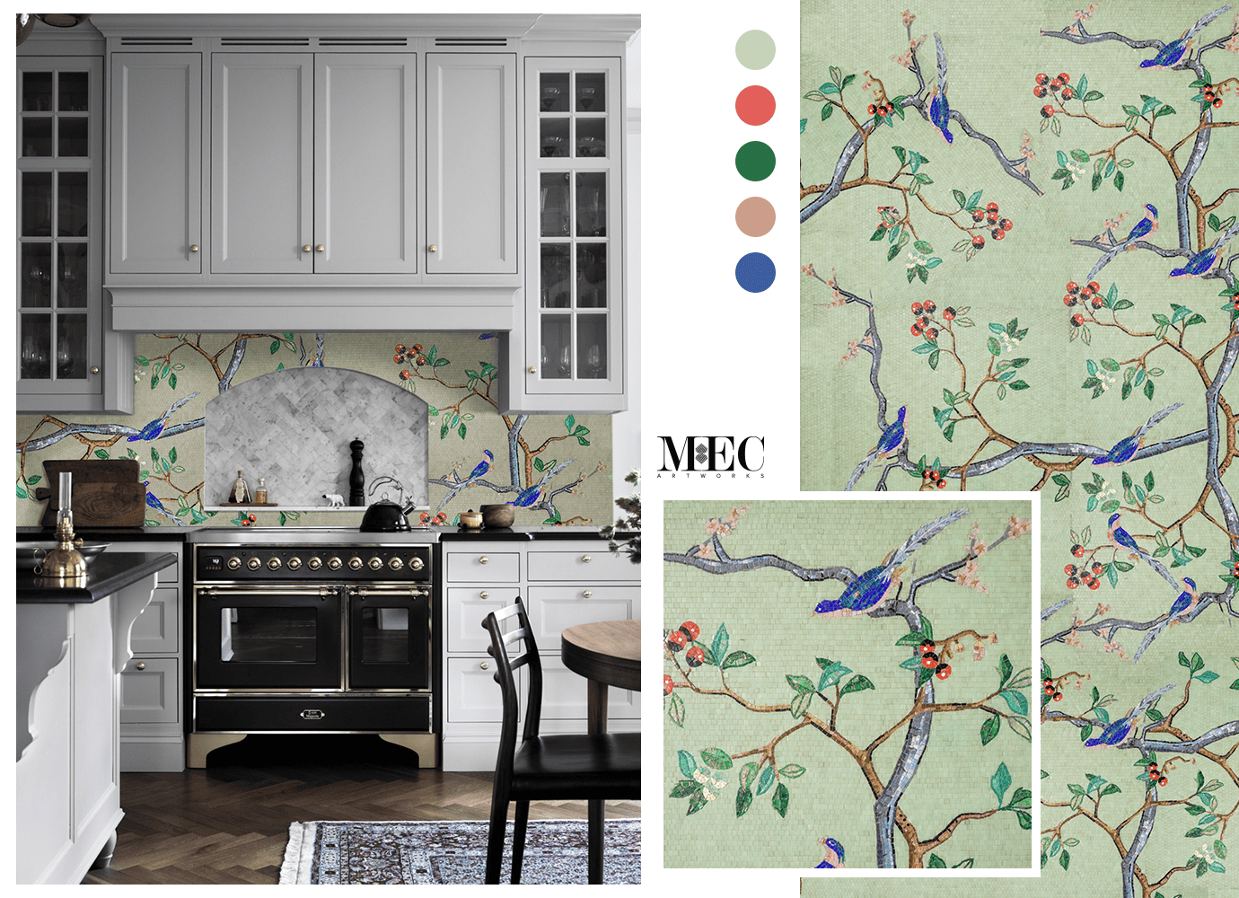 Chinoiserie Sage wall mosaic artwork customized for a kitchen backsplash