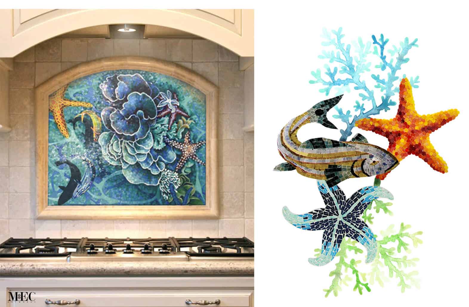 underwater mosaic ocean scene featuring assorted starfish, fish, seaweed and corals. The image is a collage of the photo and inspiration elements on the right