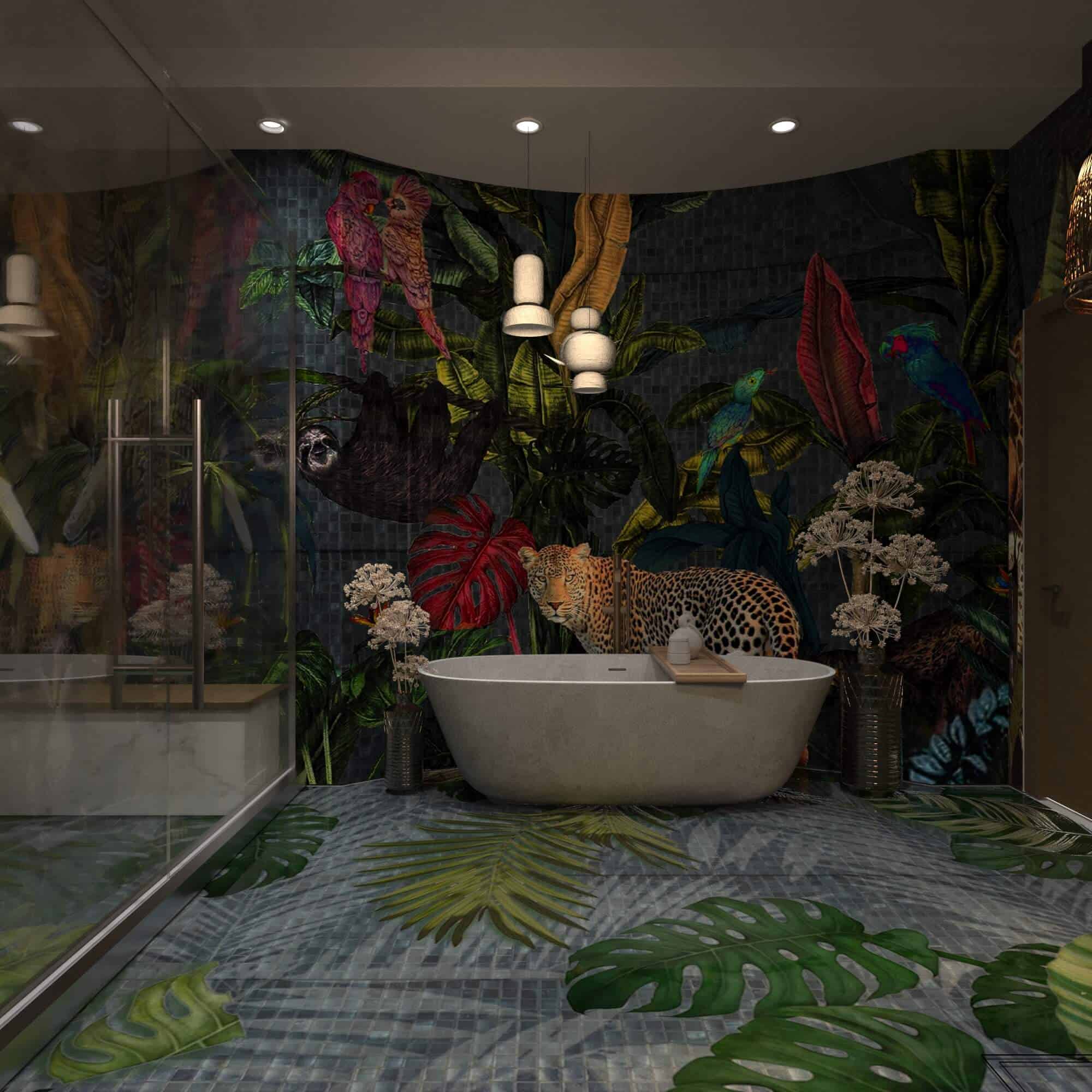 A mosaic wall art featuring a majestic elephant, exotic birds, and tropical foliage in a contemporary bathroom setting.