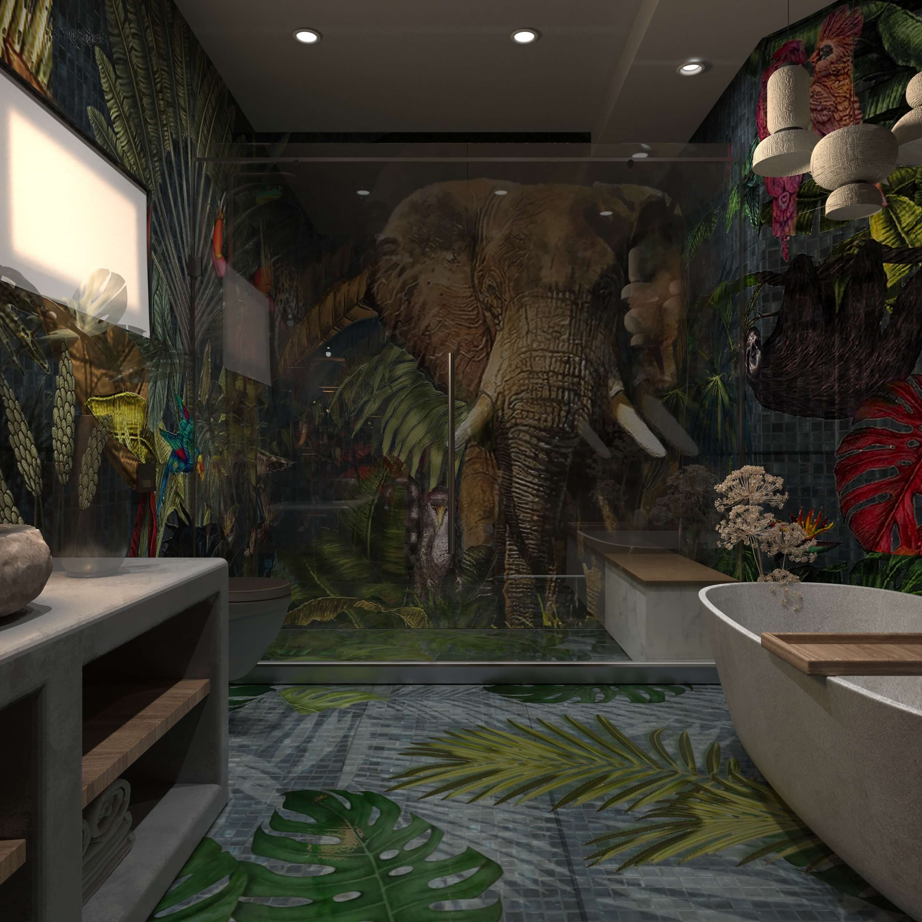 A vibrant jungle-themed mosaic artwork depicting an elephant, tropical plants, and birds adorning the walls of a modern bathroom.