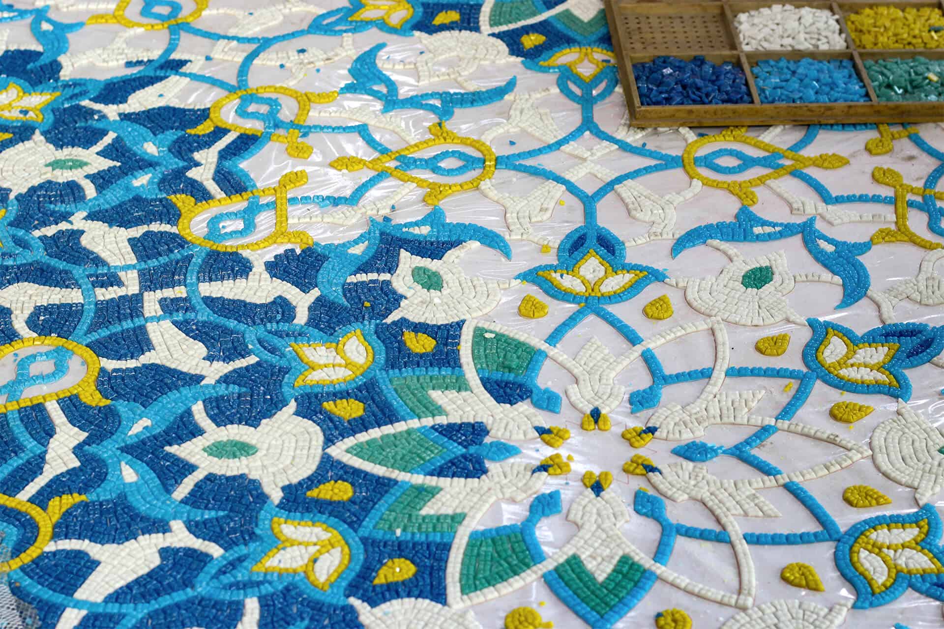 behind-the-scenes photos from the MEC workshop showing a WIP Moroccan mosaic tile being made with colorful 10mm Vertex glass tiles