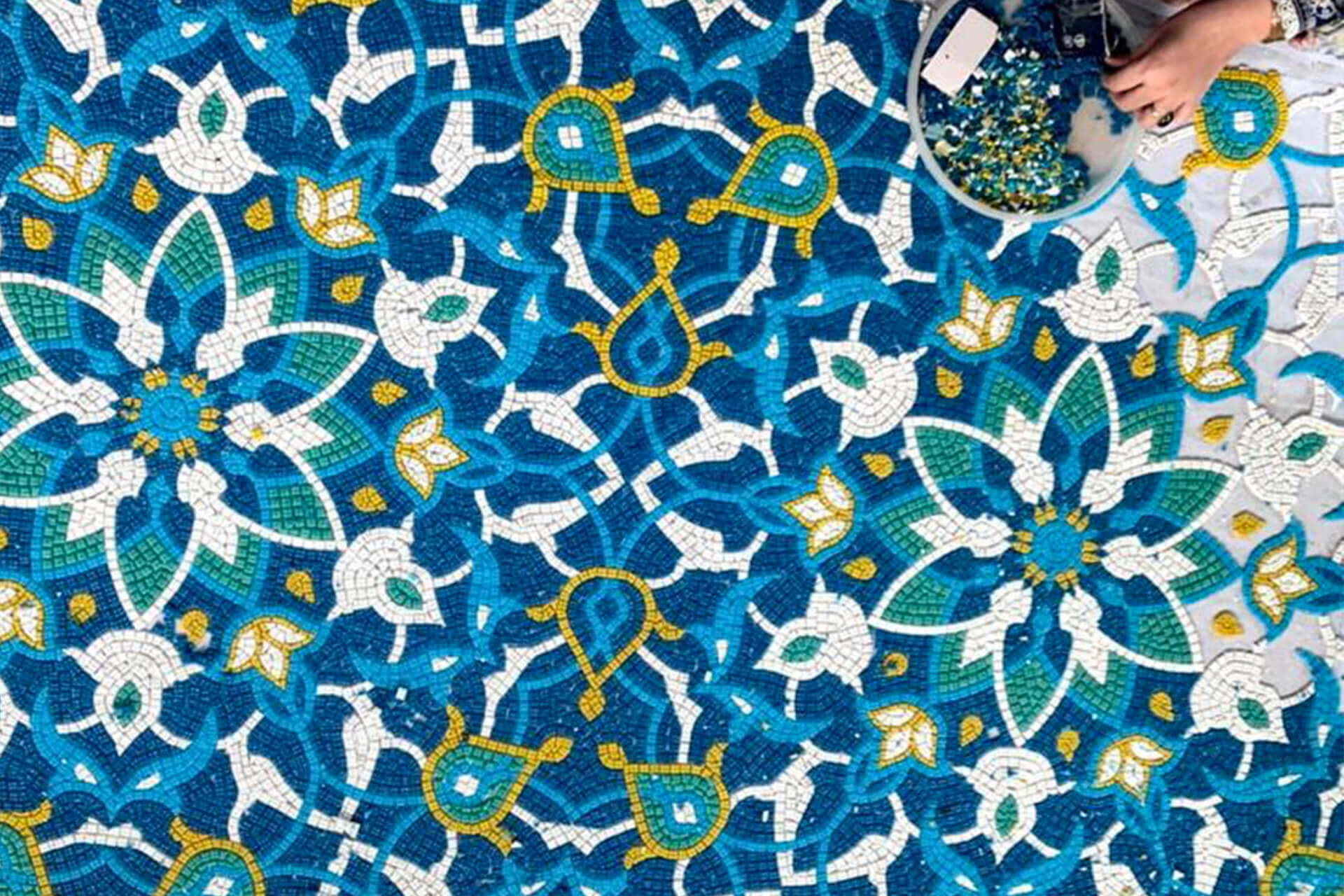 Moroccan mosaic tile being made with colorful 10mm Vertex glass tile