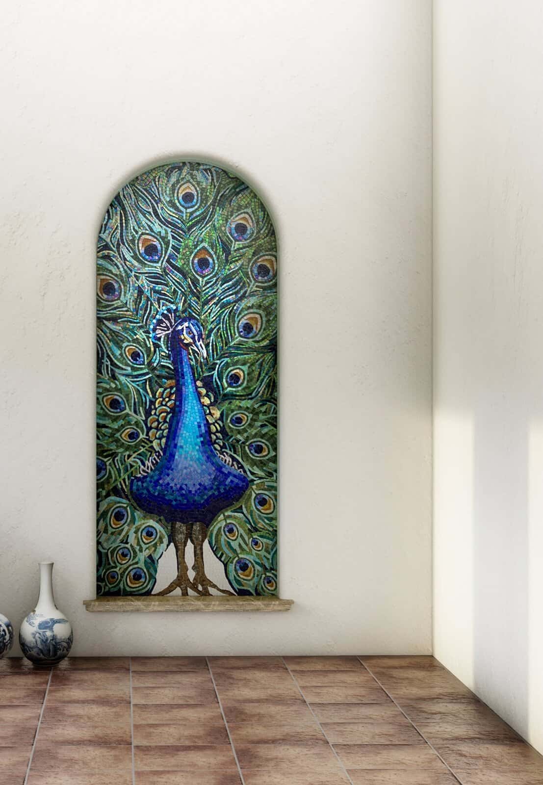 wall niche peacock mosaic design handmade with glass tiles