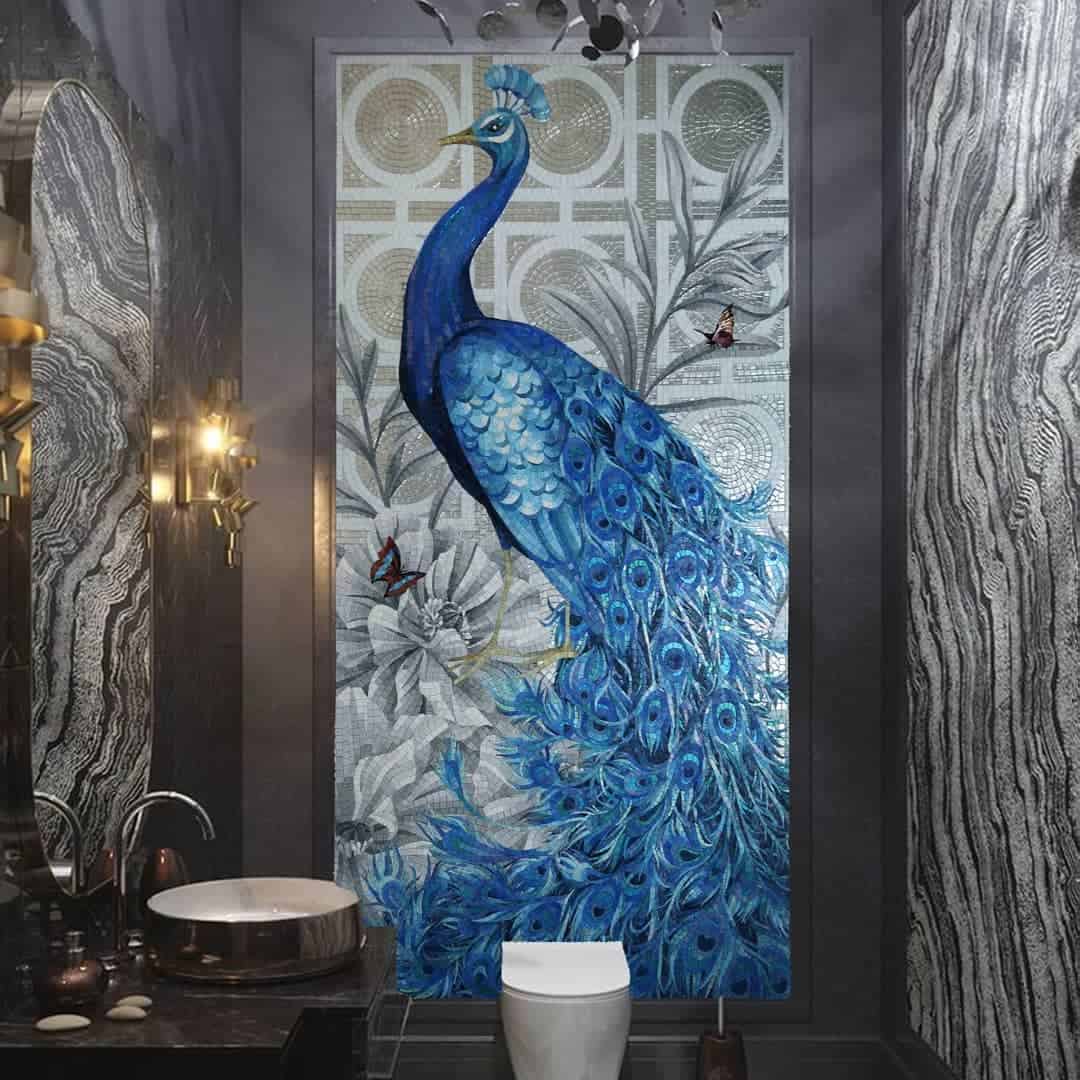 bathroom wall mosaic artwork featuring a majestic blue Indian peacock mosaic