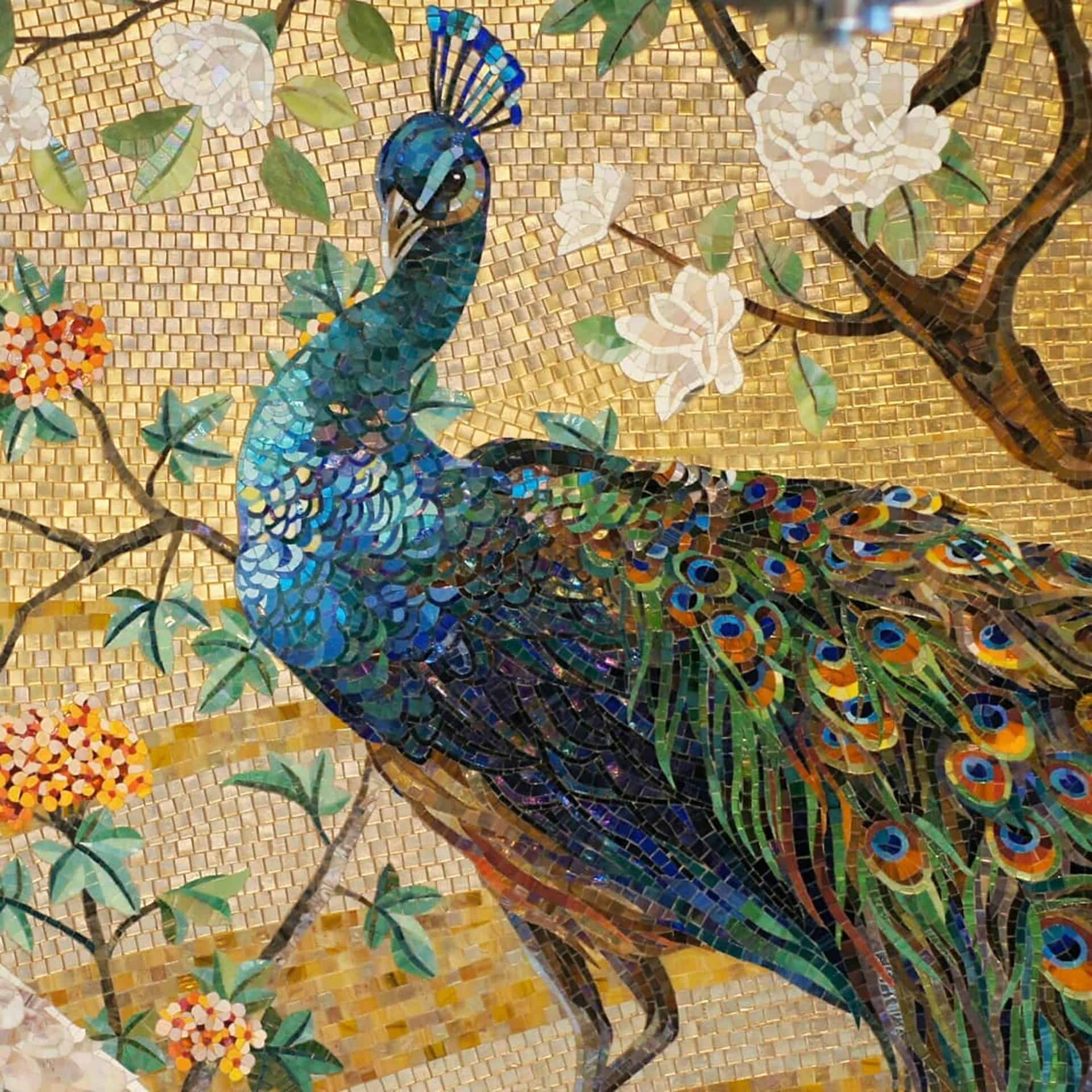 Mosaic art of a colorful peacock with its vibrant feathers displayed, surrounded by intricate designs of flowers and leaves.