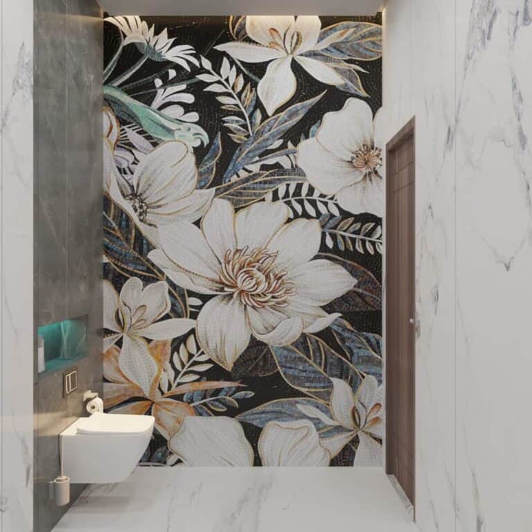 floral themed bathroom wall mosaic artwork featuring larger-than-life white flower mosaic art