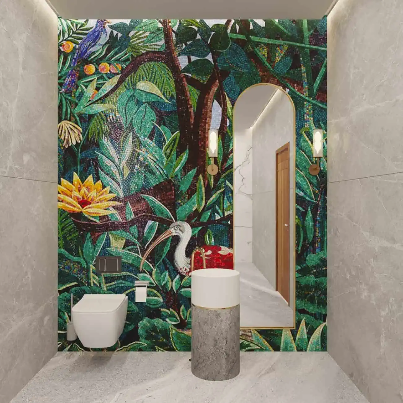 Jungle theme bathroom wall mosaic artwork featuring flower mosaic. tropical plants, leaves and exotic birds such as ibis