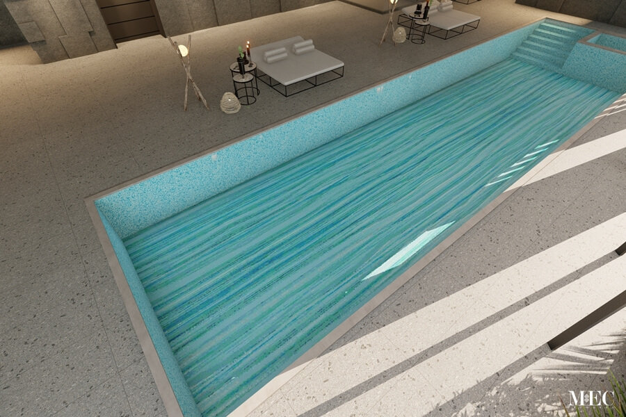 Aquamarine pool tile abstract wavy stripes lap pool