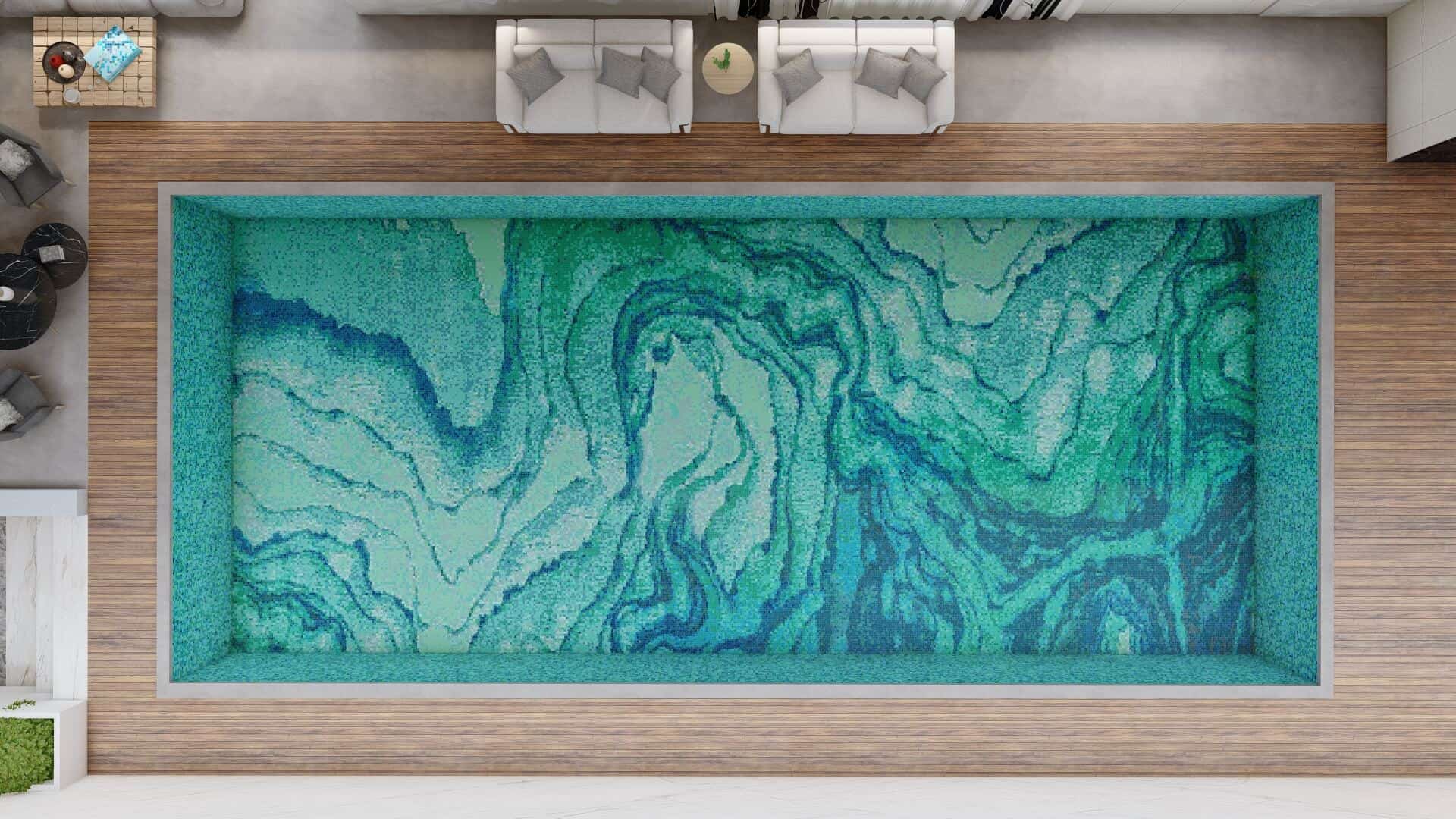 pixelated pool mosaics in shades of greens and blues