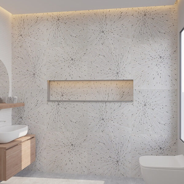 radiating mosaic bathroom tiles white shower wall niche area