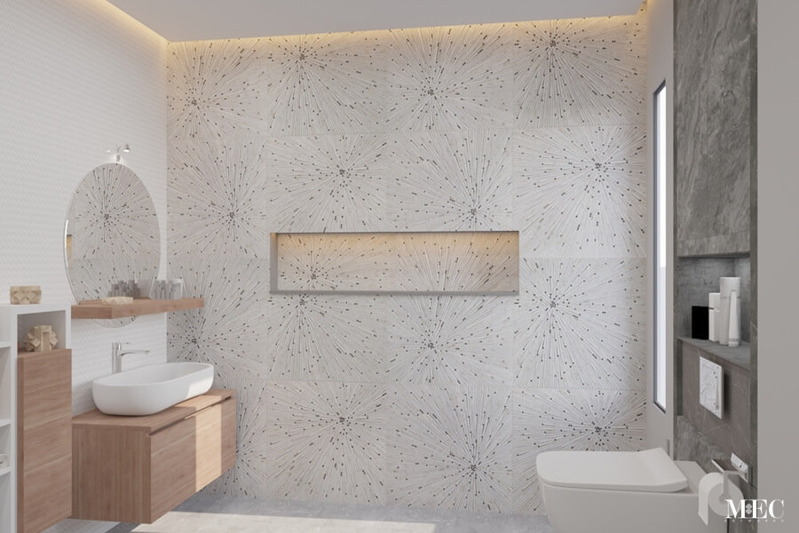 radiating mosaic bathroom tiles white shower wall niche area