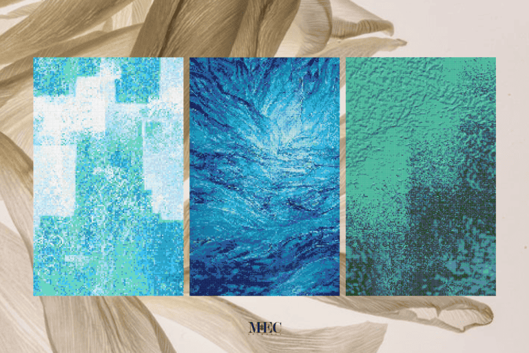 Three blue textured art panels displaying various mosaic patterns, with a creamy wave-like background.