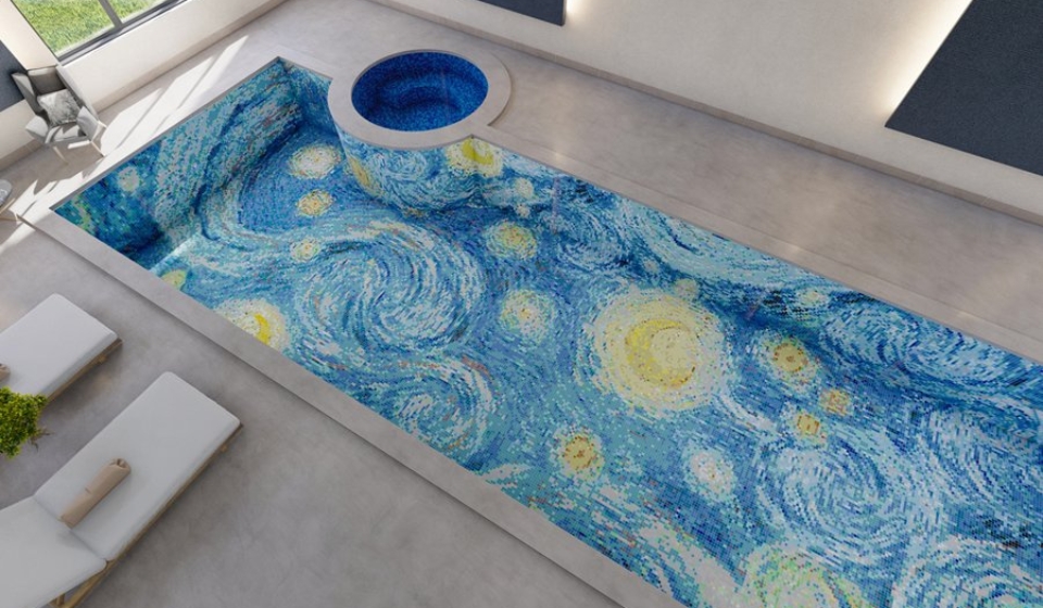 Van Gogh Starry Night inspired PIXL mosaic art for swimming pool blog title