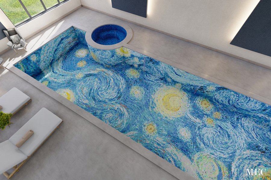 Van Gogh Starry Night inspired PIXL mosaic art for swimming pool blog title