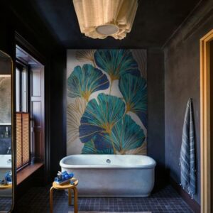 Ginkgo Biloba turquoise blue gold bath tub wall mosaic art