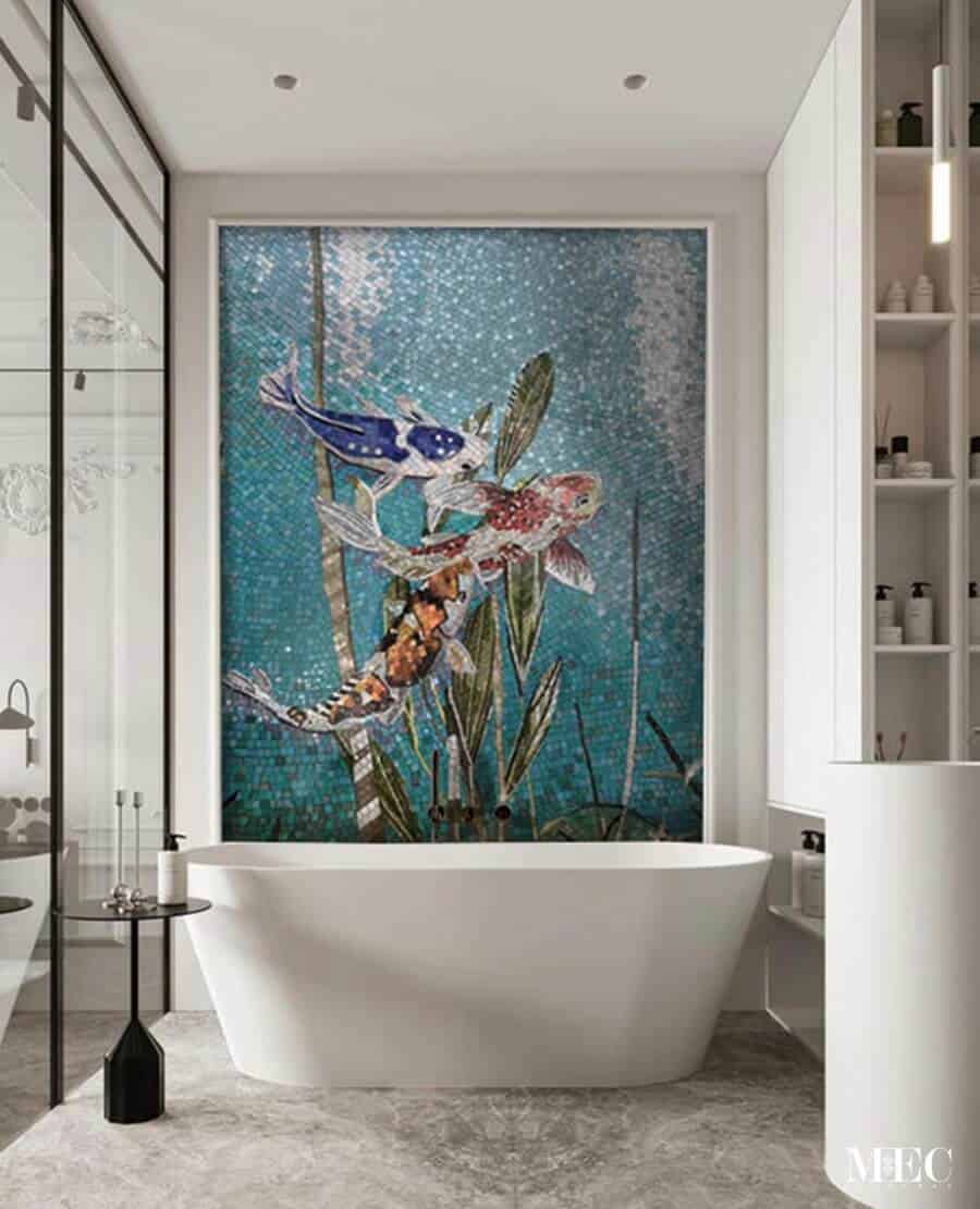 Koi fish pond scene bathroom wall mosaic art