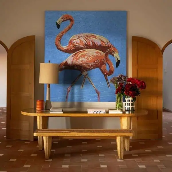 flamingo wall art mosaic water pink blue glass tiles