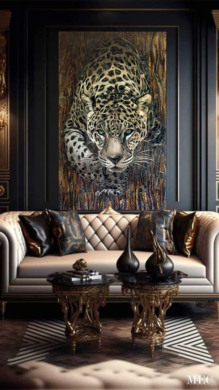 leopard mosaic wall mural dark background lifelike intricacy