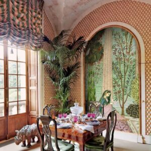 mughal art wall mosaic mint green and pink palette trees, woman, bird