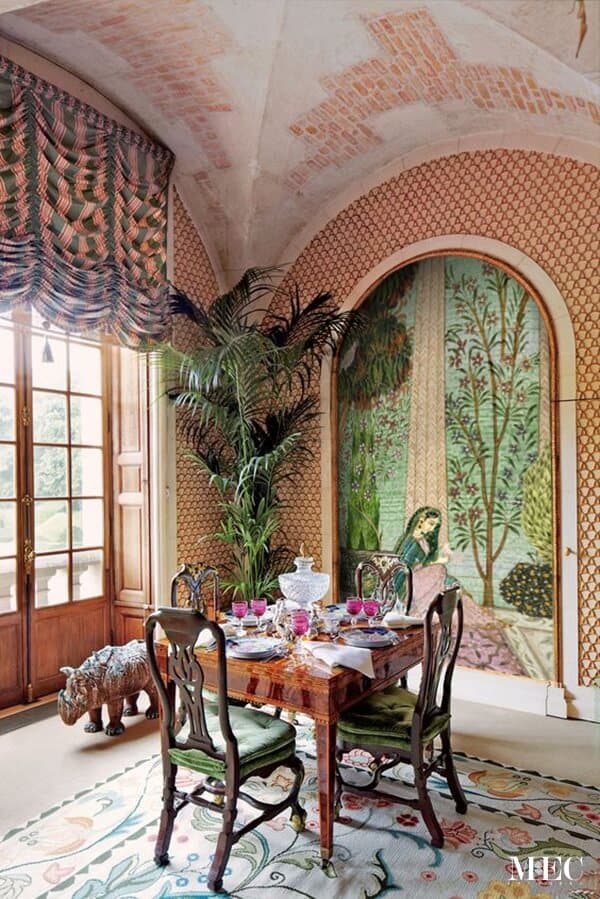 mughal art wall mosaic mint green and pink palette trees, woman, bird