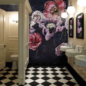 pink and purple mosaic wall bathroom area