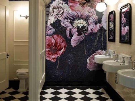 pink and purple mosaic wall bathroom area