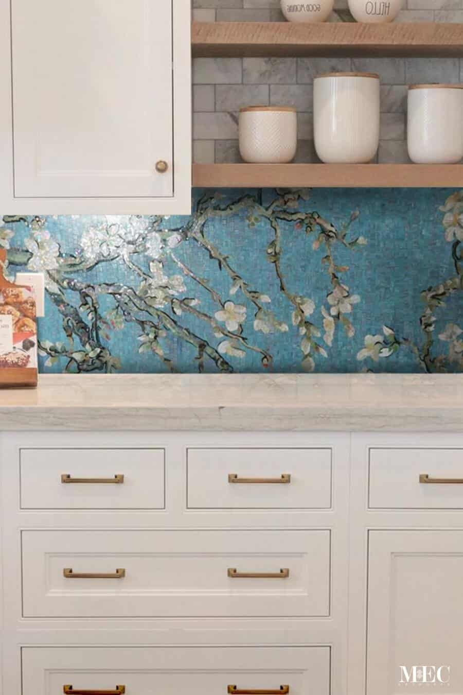 vincent van gogh almond blossom glass mosaic kitchen backsplash wall tile