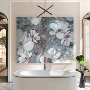 white flower mosaic mural bath tub wall