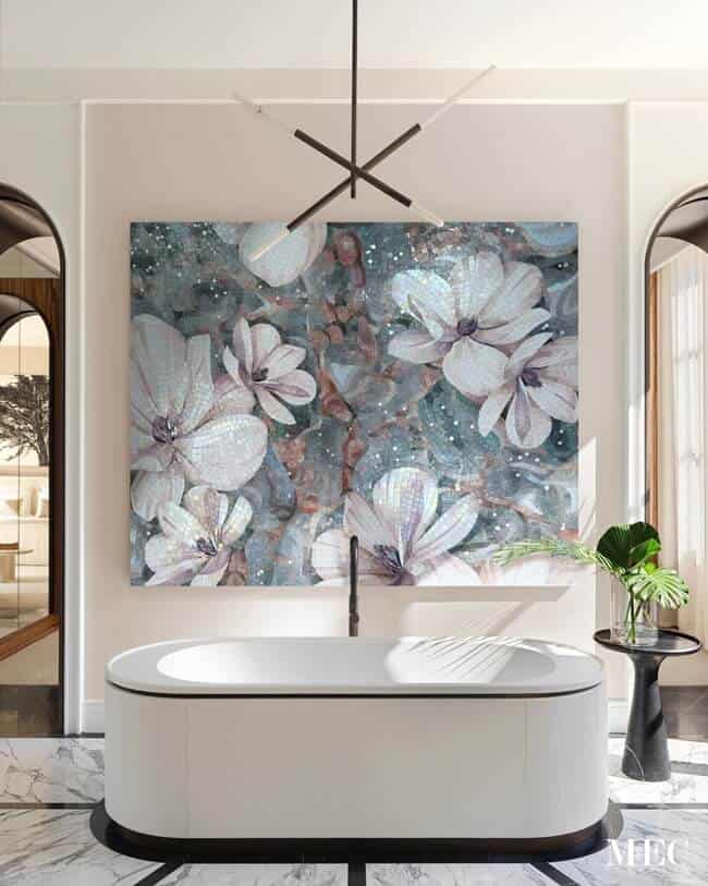 white flower mosaic mural bath tub wall