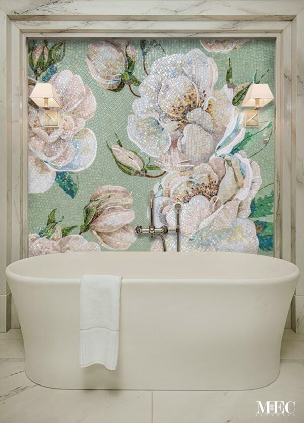 white rose wall art mosaic soft sage green mint bathroom niche