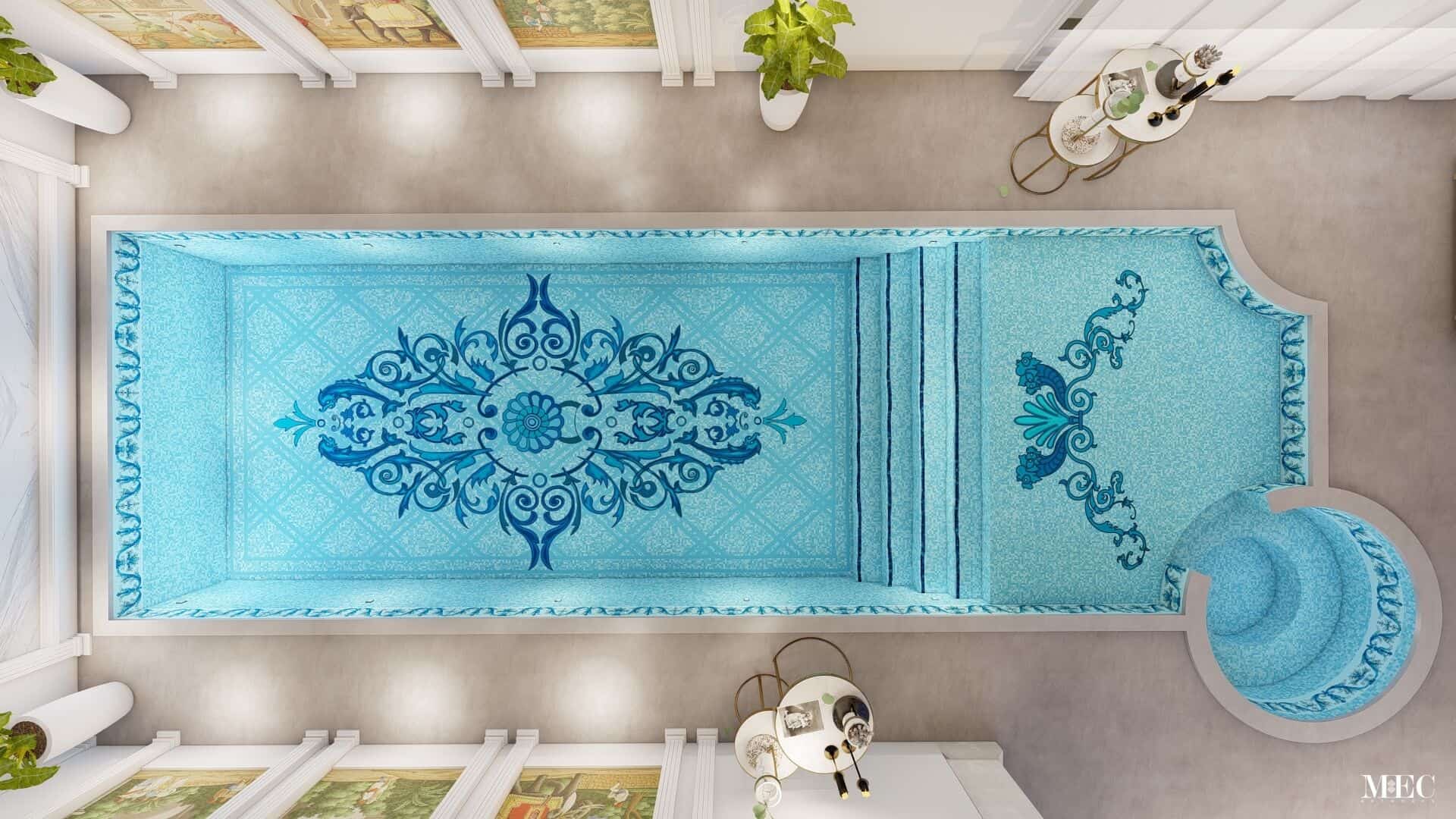 glass mosaic custom pool floor designs PIXL European motif render