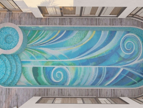 glass mosaic custom pool floor designs PIXL whimsical color swirls