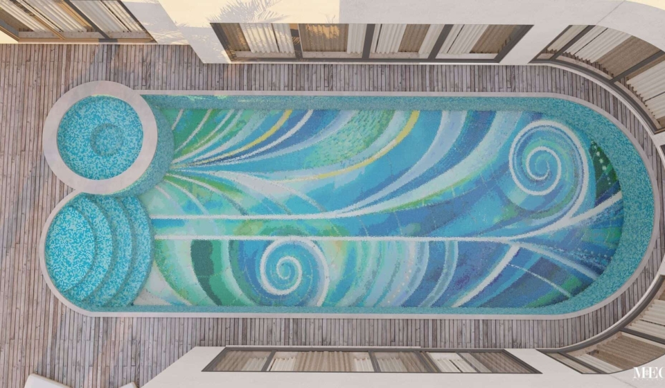 glass mosaic custom pool floor designs PIXL whimsical color swirls