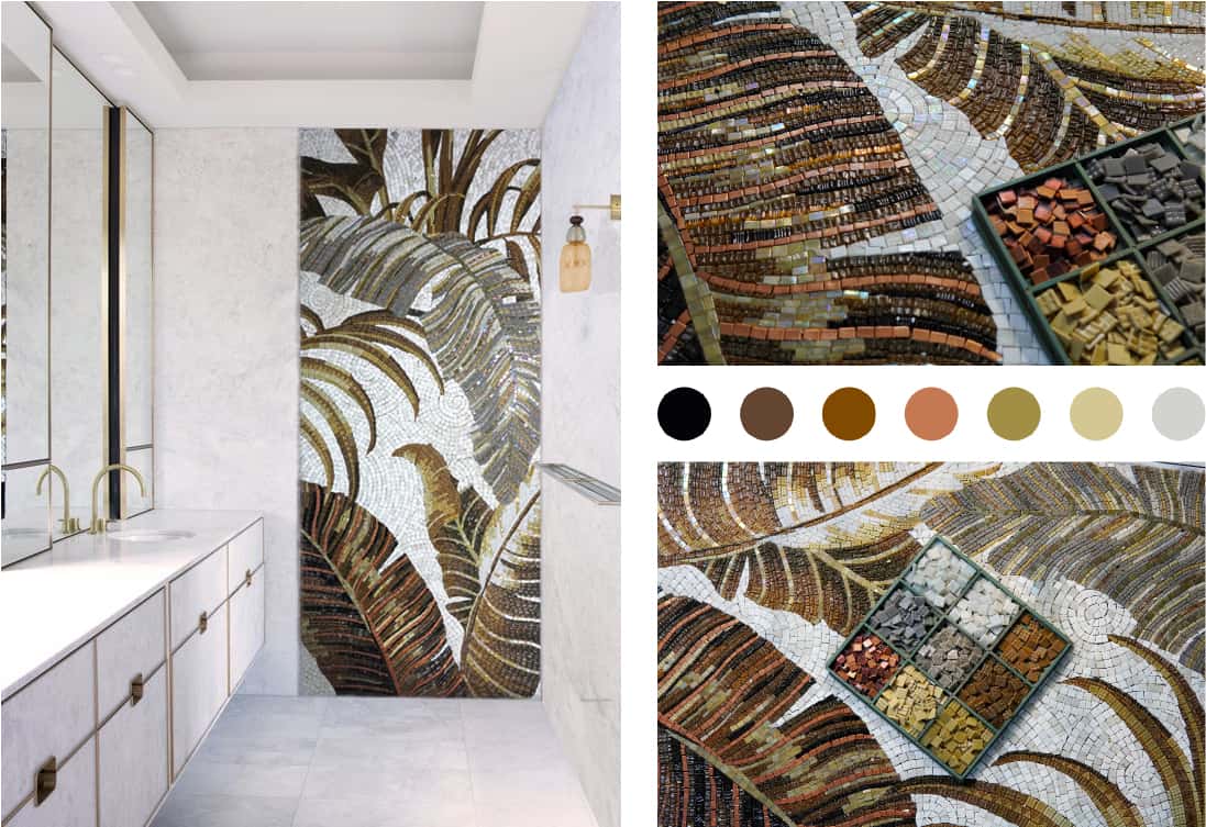 tropical palm leaves mosaic wall with white backdrop and brown palette