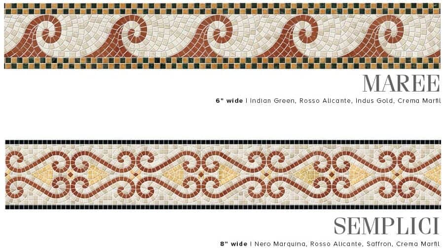 MAREE and SEMPLICI. Product design image. Custom handcrafted marble mosaic tile border designs. Handmade hand-chopped marble tesserae. Tumbled and polish finish.