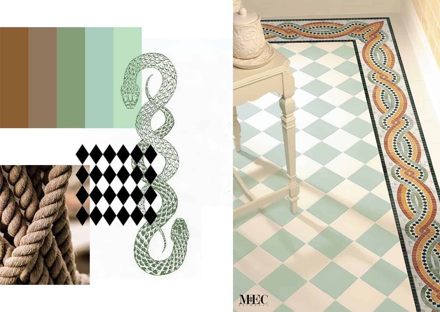 Corda Mosaic Tile Border Ideas - a Greek scroll border handcrafted in vibrant natural marble mosaic colors by MEC