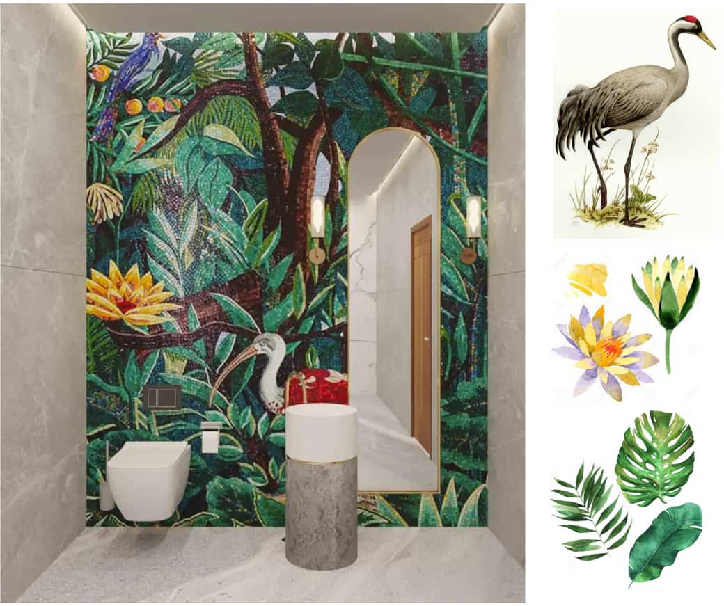 bespoke animal mosaic artwork designed for a bathroom wall