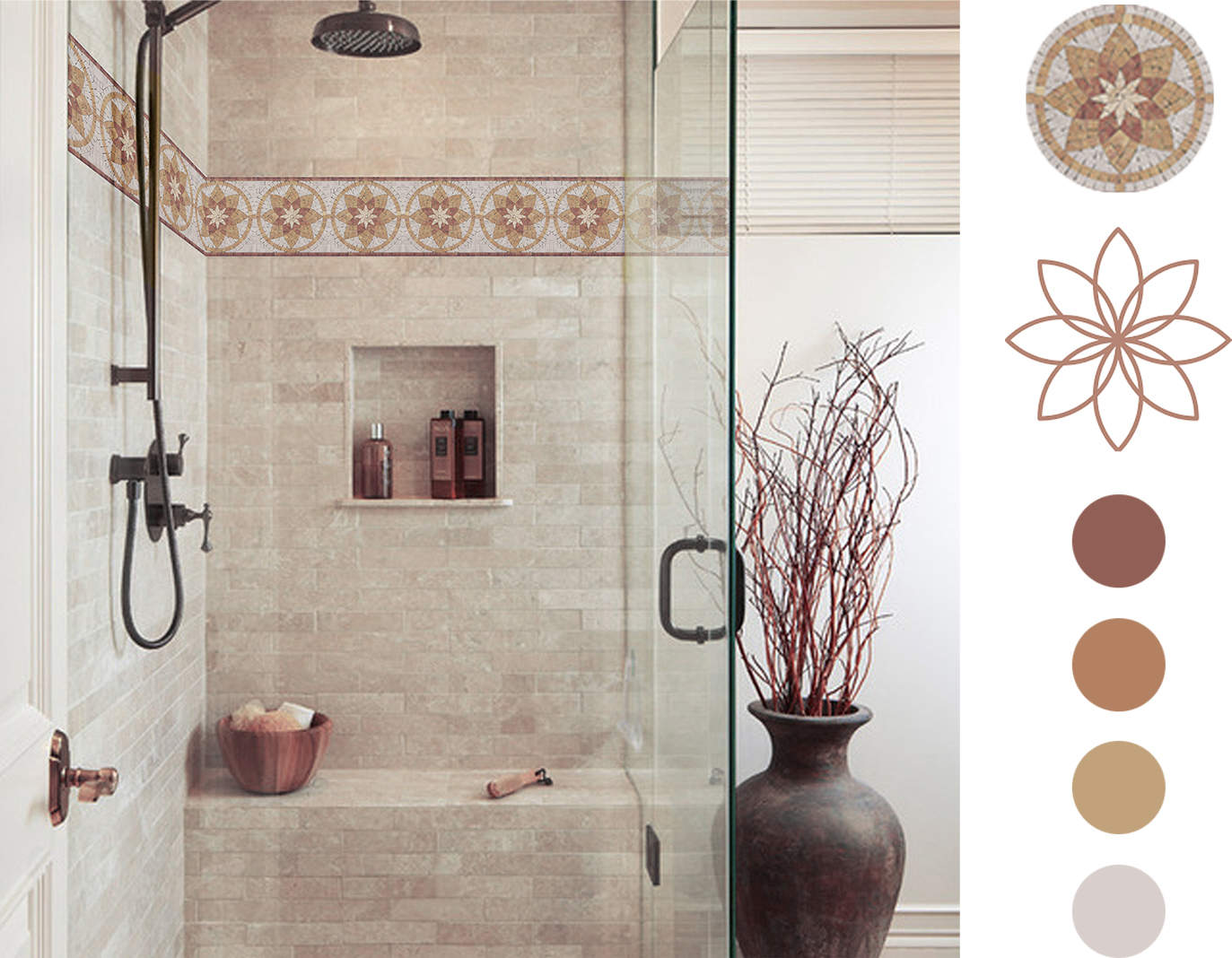 The crema marfil tiles serve as an elegant backdrop, seamlessly complementing the mosaic tile border
