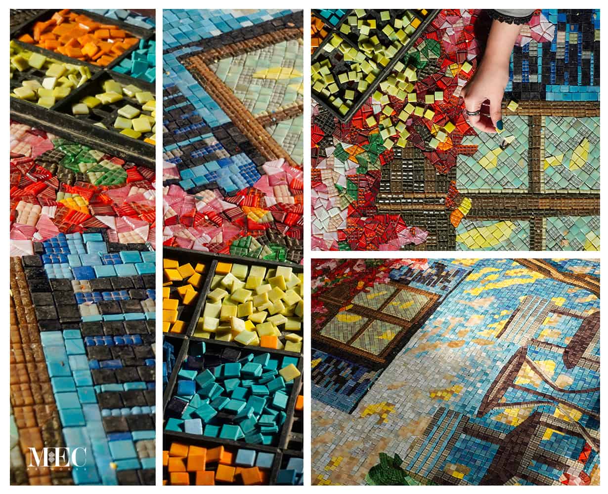 a collage representing multi-colored mosaic mural being fabricated