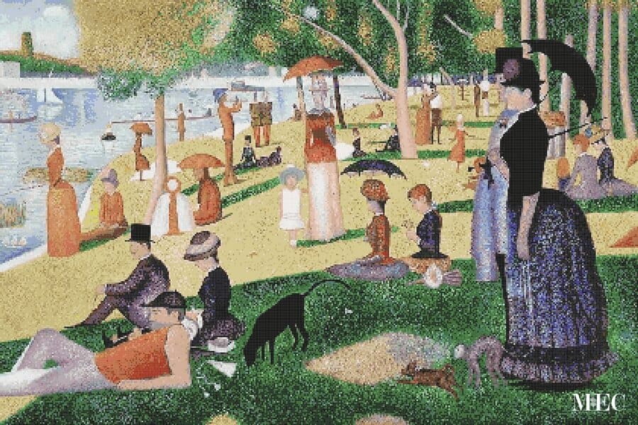 A PIXL-render mosaic inspired by A Sunday Afternoon on the Island of La Grande Jatte, a pointillist painting by Georges Seurat. The mosaic shows a scene of people relaxing in a park by the river.