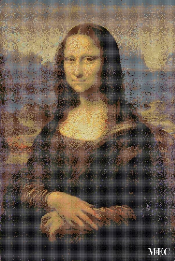 A PIXL-render mosaic of the Mona Lisa, a famous portrait painting by Leonardo da Vinci. The mosaic recreates the subtle smile and the intricate details of the original painting using mosaics of different colors.