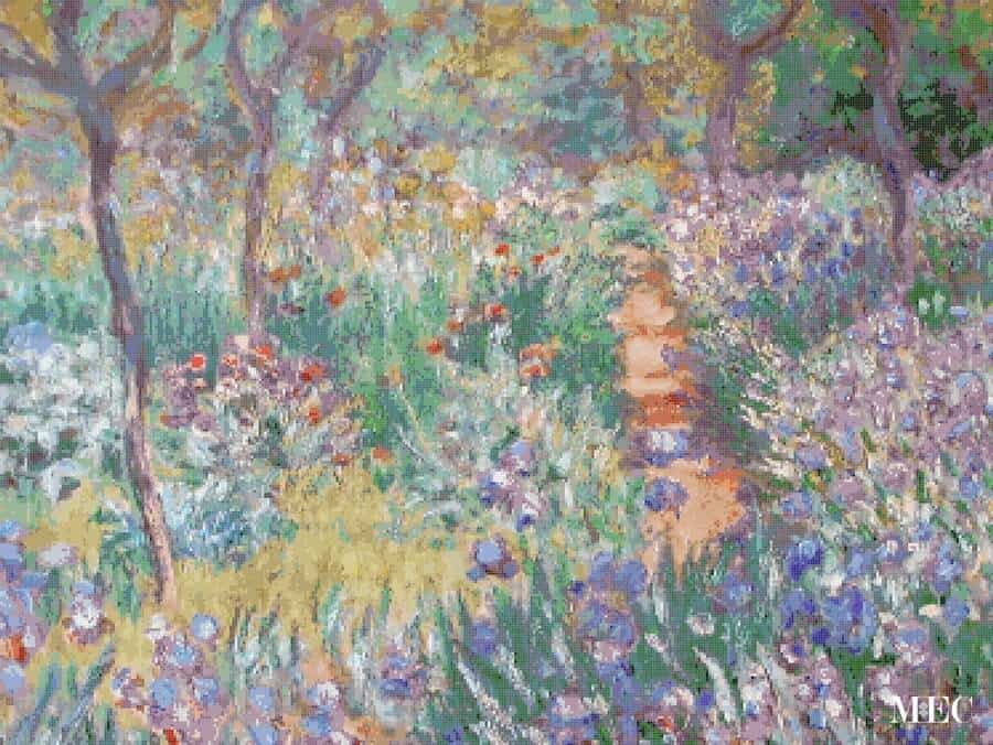 A PIXL-mosaic-painting inspired by The Artist's Garden at Giverny, a colorful landscape painting by Claude Monet. 