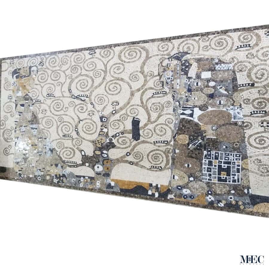 A marble mosaic painting by MEC; inspired by The Tree of Life, a famous artwork by Gustav Klimt. The mosaic shows a stylized tree with swirling branches and colorful fruits, surrounded by various geometric and floral patterns.