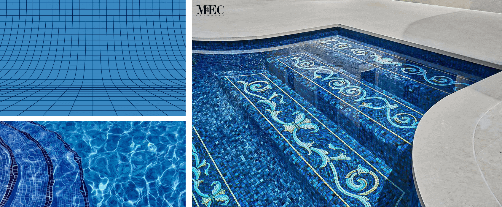 collage of 3 images showing how perfectly mosaic tiles can cover the curved surfaces in a swimming pool