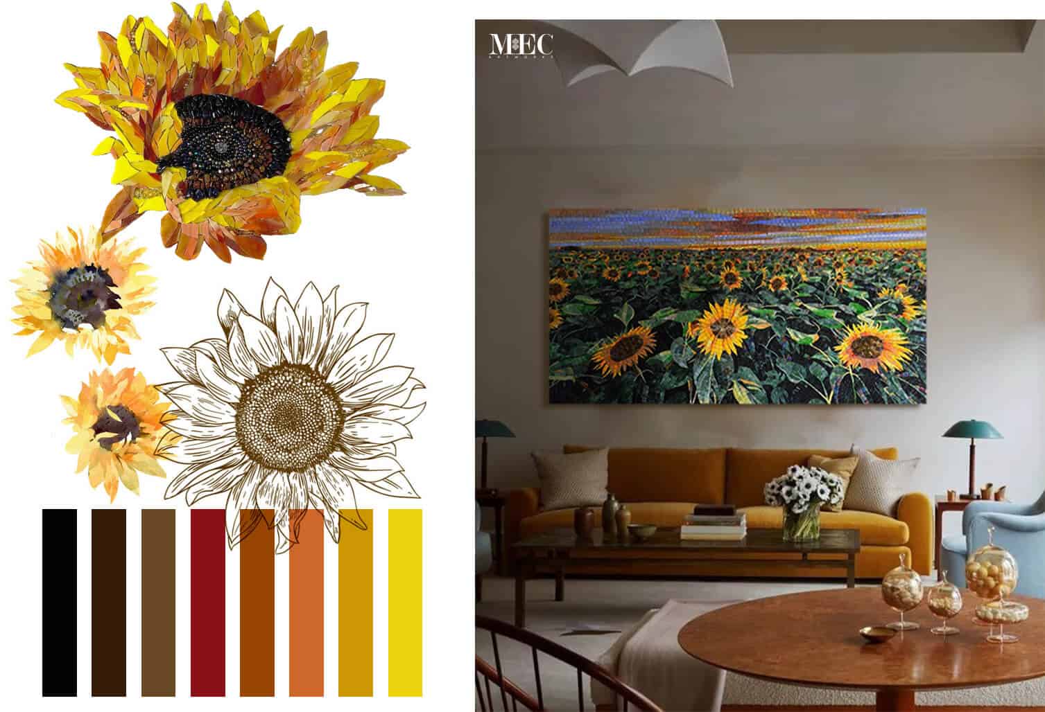 A vibrant mosaic art piece of sunflowers with a color palette and the digital design pattern 
