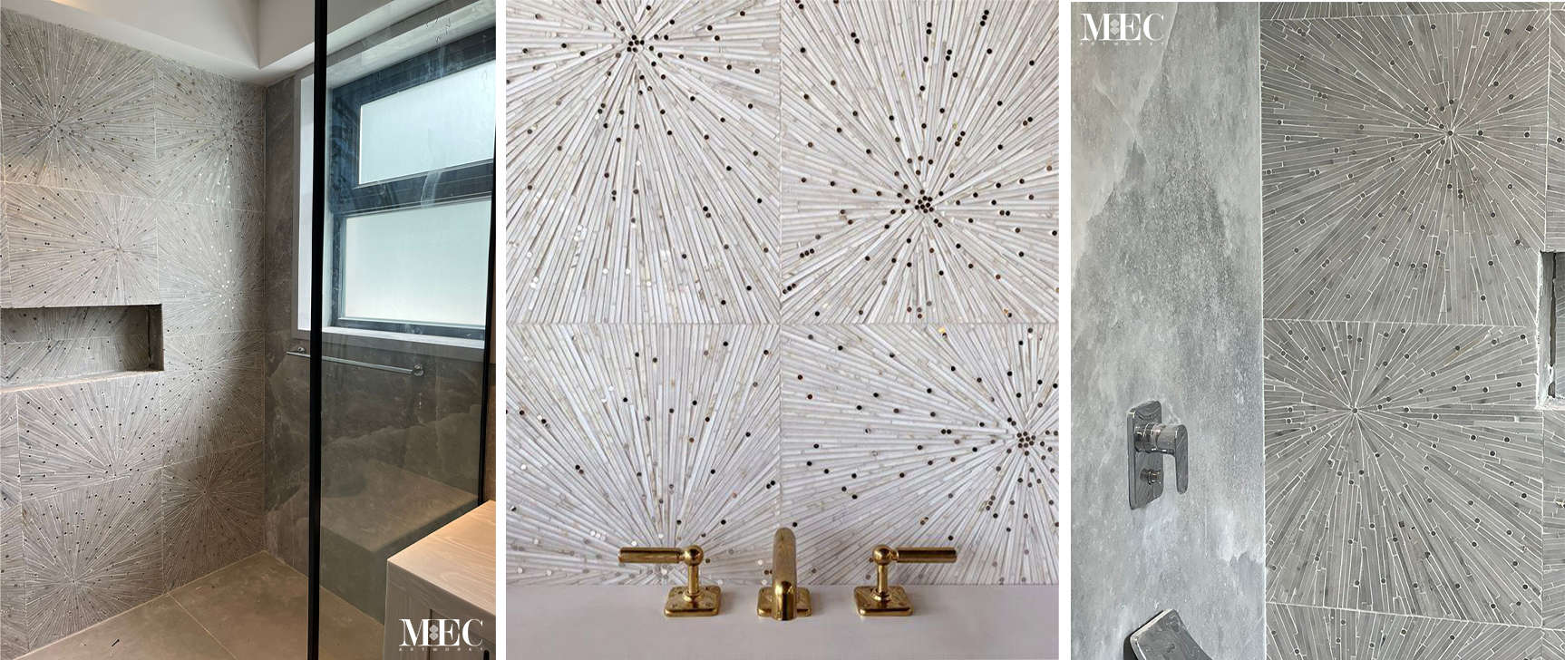 A close-up view of the waterjet cut mosaic shower walls with a pattern with elements of brass embedded. 