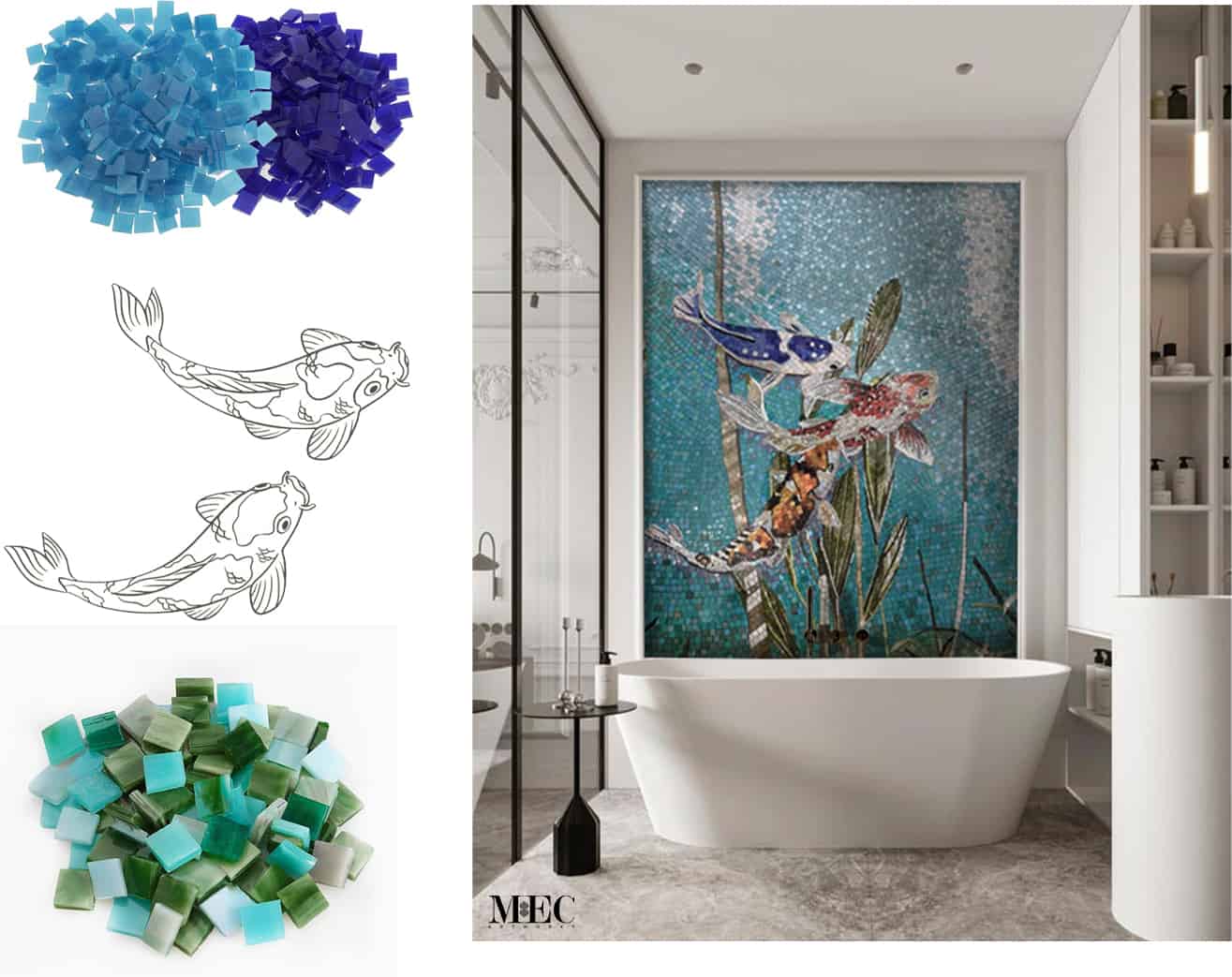 A collage of two images showing a shower wall mosaic art inspired by fish. The right image shows a realistic view of a white bathtub with a curved faucet and a shower head, surrounded by a wall of blue and turquoise fish-shaped mosaics. The left image shows a digital design of the same wall, and mosaic of different shades of blue and turquoise.