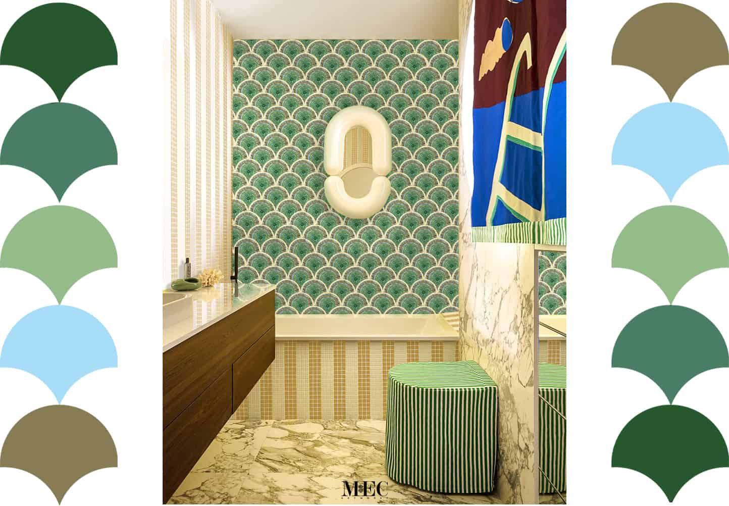 A bathroom with a colorful mosaic wall of green, blue, and white scalloped tiles. A modern mirror, sink, and dark wood cabinet are below the mosaic wall. The image also includes abstract designs of curtains and scalloped patterns on the sides.